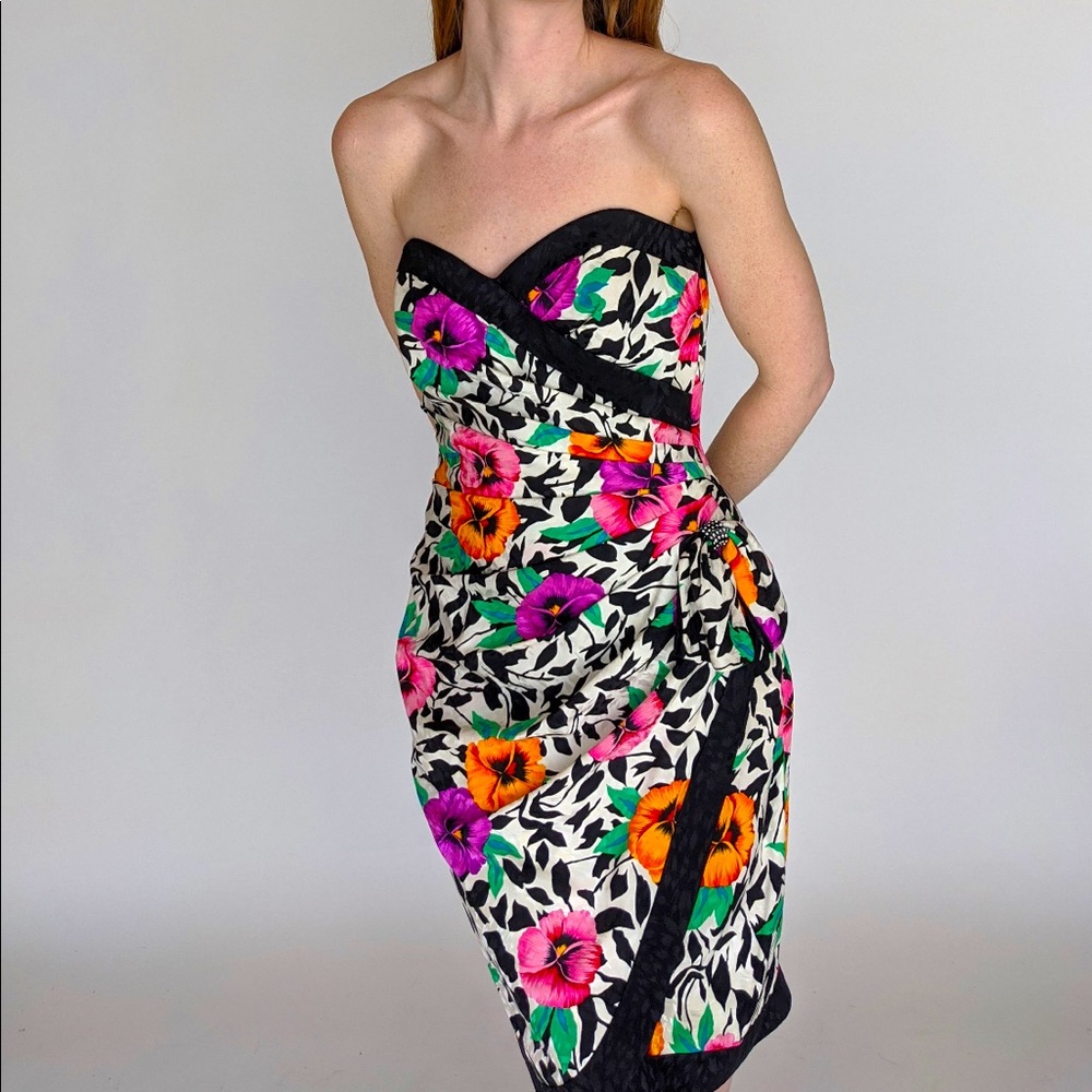 Vintage Silk Tropical Print Bustier Dress